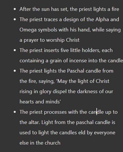<p>What do these steps of the Easter vigil ceremony represent? (see image)</p>