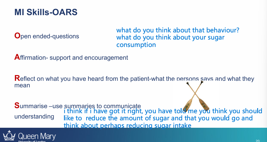 <ul><li><p>O=open ended questions</p></li><li><p>A=affirmation - support and encouragement</p></li><li><p>R - reflect on what you have heard from the pt - what they say and mean</p></li><li><p>Summarise - use summaries to communicate understanding e.g “I think if I have got this right, you have told me you would like to reduce amount of sugar and that you would go and think about perhaps reducing sugar intake”</p></li></ul><p></p>