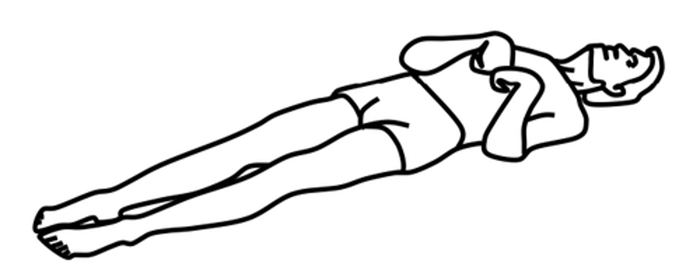 <p>Flexion posturing; seen with severe dysfunction of the cerebral cortex or with lesions to corticospinal tracts above brainstem</p>