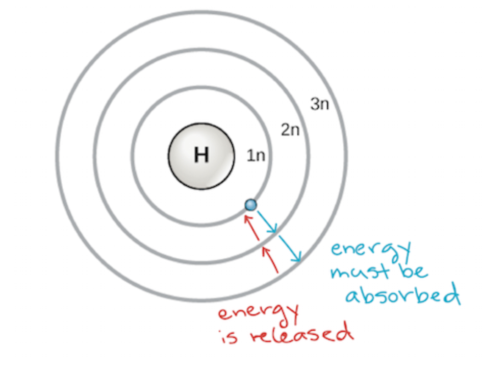 <p>According to Bohr, there are quantified energy levels in which electrons are said to have specific energy level where they are stored instead of being able to move within a range of energy levels. This goes along with the idea of orbits in which Bohr believed electrons move in this circular orbit and that electrons can jump between these energy levels by absorbing or emitting a photon of a particular wavelength. However, he was WRONG—electrons do not move in a circular orbit. His model only works for the hydrogen atom and does not apply to all atoms with many electrons and does not take into account dual wave-particle nature (he treated electrons purely as tiny particles not as waves that could make electrons exist in probability clouds).</p>