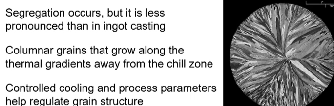 <ul><li><p>process = continuous casting</p></li><li><p>features/ microstructure = fewer defects and more consistent microstructure </p></li></ul><p></p>