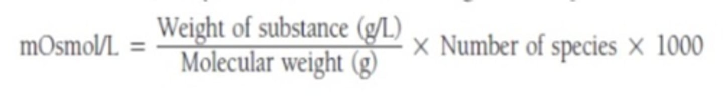 <p>mOsmol/L = (weight (g/L)/MW (g/mol)) x # particles x 1000</p><p>1) add up the number of disassociation particles</p><p>2) Calculate # of g in 1L</p><p>3) use MW to solve the problem</p><p>Always normalize to 1 L (miliosmoles don't do this)</p><p>If there are multiple things in solution, solve for the mOsmol of each separately then add together at the end (see page 143, #53 of book for example)</p>