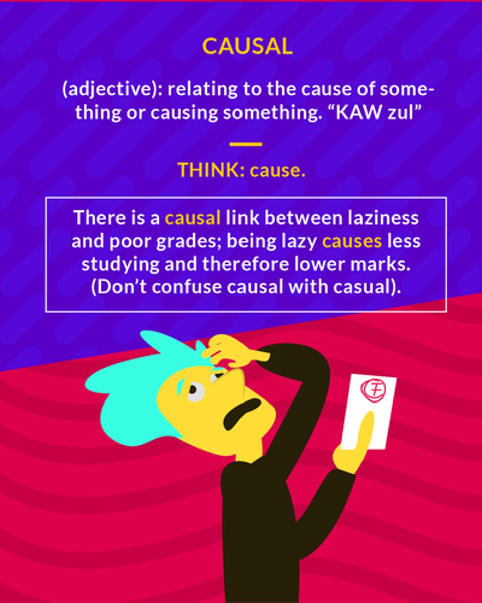 <p>implying a cause-and-effect relationship</p><p>(adj.) relating to the cause of something</p>