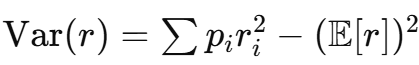 <p>Excel: <strong><em>=SUMPRODUCT(p; r<sup>2</sup>) - (SUMPRODUCT(p; r))<sup>2</sup></em></strong></p>