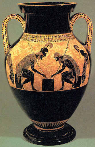 <p>Exekias: Athenian black-figure amphora - Ajax and Achilles playing dice, Greek, c. 540-530 BCE</p>