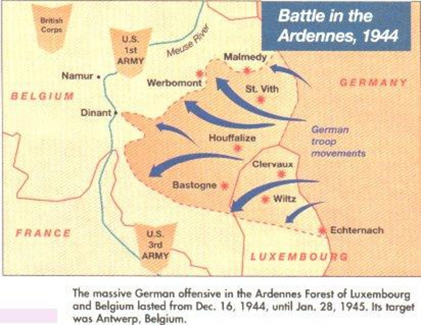 <p>Last push by Germans in the winter of 1944-45</p><p>Último empujón de los alemanes en el invierno de 1944-45.</p>