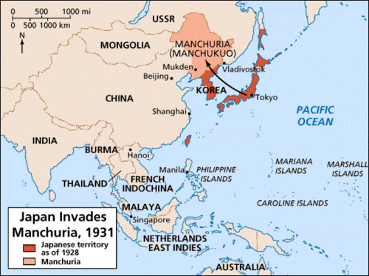 <p>In September 1931, Japanese troops invaded Manchuria, on China's eastern seaboard. The League of Nations passed a resolution condemning the action but did not take action. (p. 521)</p>