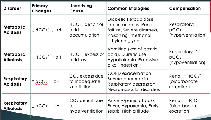 <ul><li><p><strong>Respiratory acidosis: </strong>↑ PCO2, ↓ pH <u>(hypoventilation)</u></p></li><li><p><strong>Respiratory alkalosis:</strong> ↓ PCO2, ↑ pH <u>(hyperventilation)</u></p></li><li><p><strong>Metabolic acidosis:</strong> ↓ HCO3-, ↓ pH (increased acid production or bicarbonate loss)</p></li><li><p><strong>Metabolic alkalosis:</strong> ↑ HCO3-, ↑ pH (increased bicarbonate or loss of H+)</p></li></ul><p></p>
