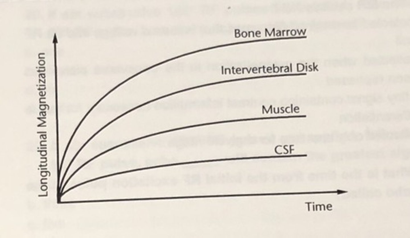 <p>Return of longitudinal magnetization to its equilibrium value after RF excitation due to the exchange of energy between the nuclear spins and the lattice</p>