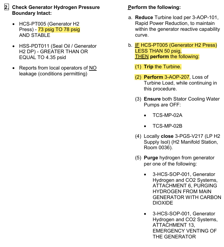 <p>73-78psig NOP</p><p>50psig Trip, A-207 While Continuing A-301, Trip Both Stator Cooling Pumps, Isolate H2 manifold, Purge, Both roof ventilators</p><p>Reduce Turbine Load per A-101</p>