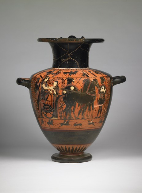 <p>Lysippides Painter: Attic black-figure hydria - Apotheosis of Herakles, Greek, c. 530-520 BCE</p>