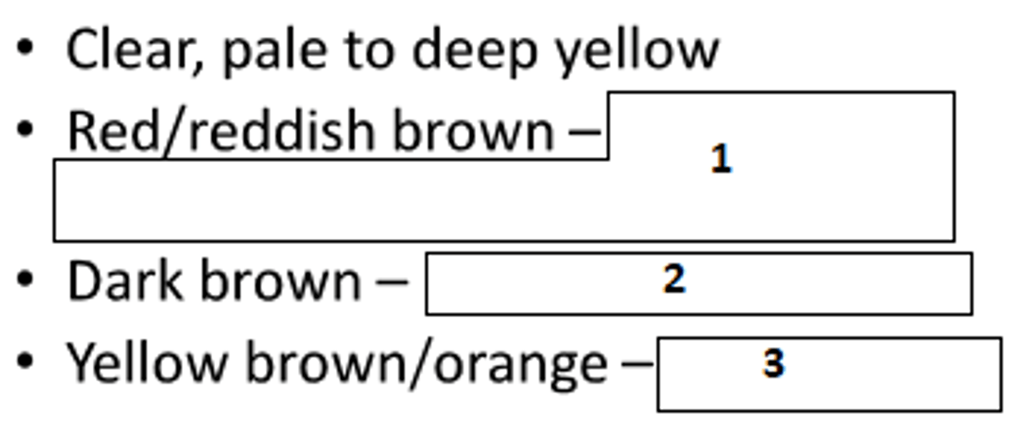 <p>What do these urine colours indicate?</p>