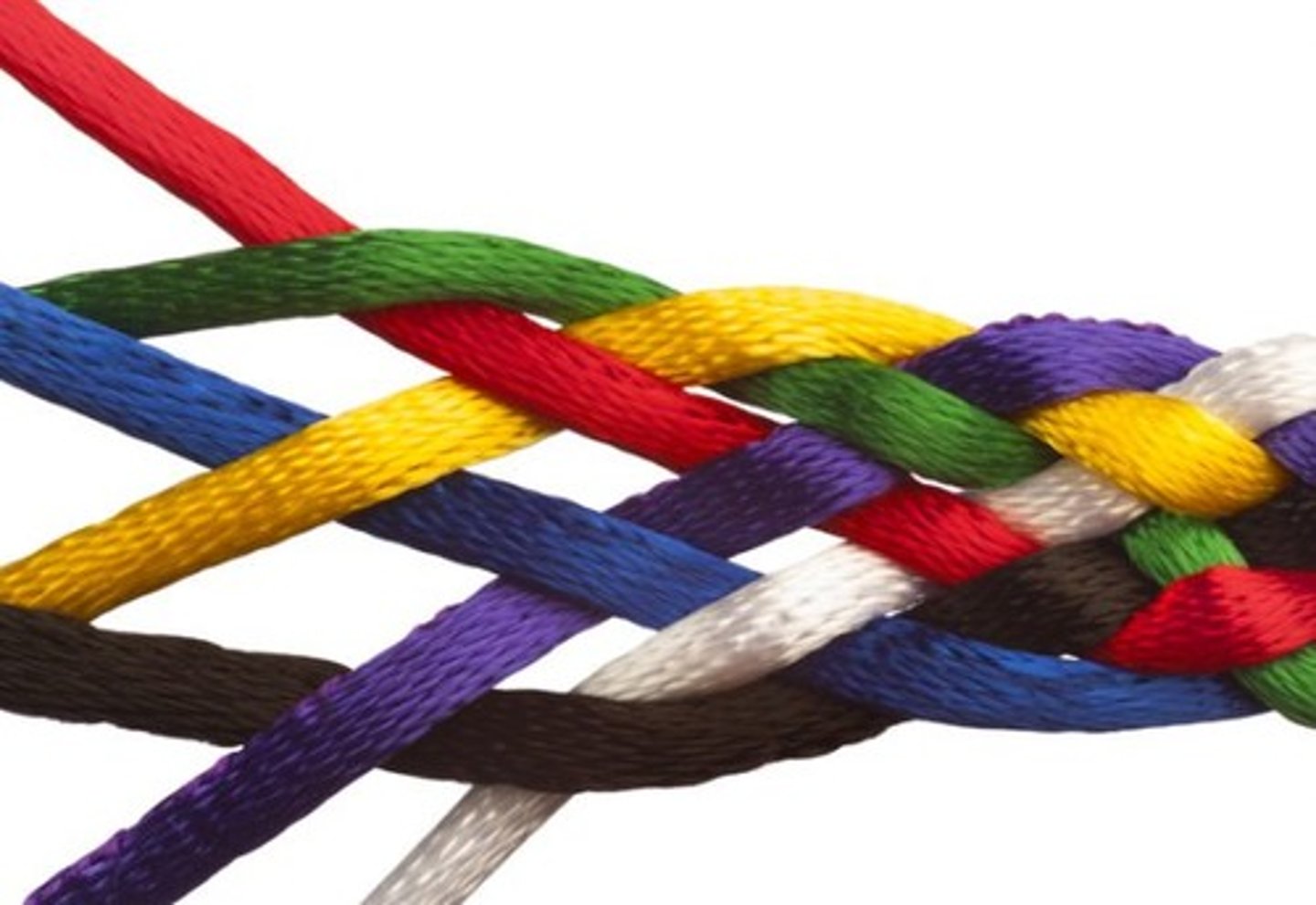 <p>Twisted together or closely connected to be difficult to separate (interwoven, entangled)</p>