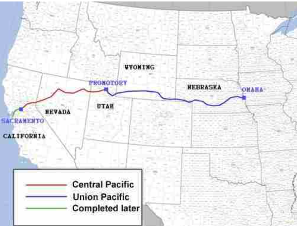 <p>This Railroad company began building the transcontinental railroad from its eastern starting point in Omaha, Nebraska, with Irish immigrants</p>