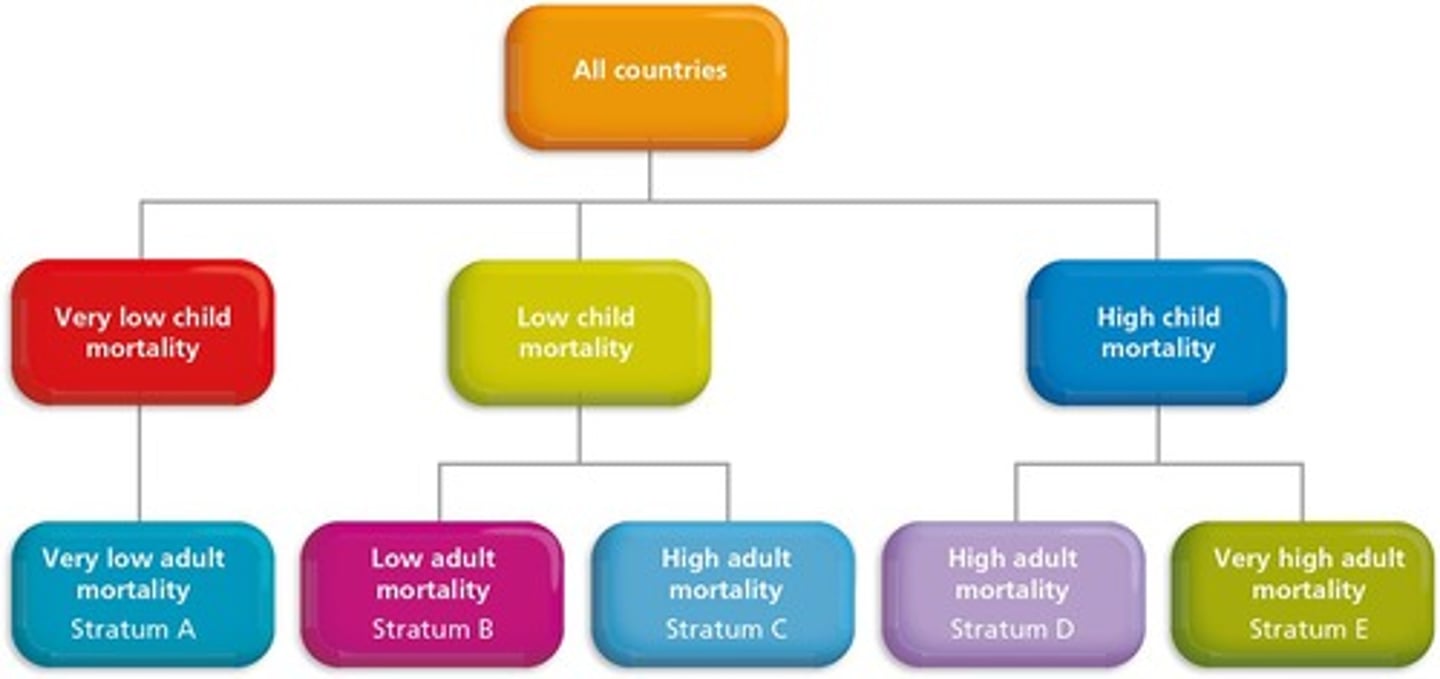 <p>classifies countries in one of five mortality strata based on the mortality rates of children (0-5) and adult males (19-59)</p>