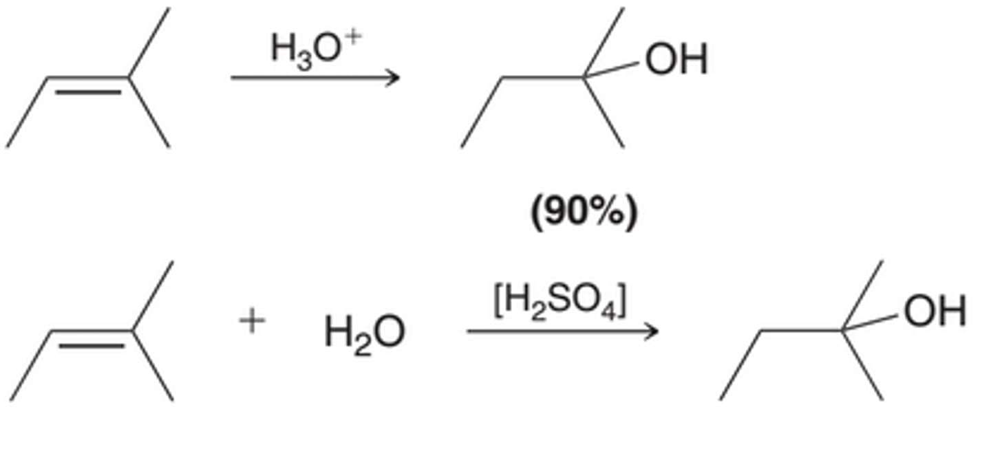<p>Addition of water across a double bond in the presence of an acid. For most simply alkenes, this reaction proceeds via a Markovnikov addition. The net result is an addition of H and OH across the pi bond, with the OH group positioned at the more substituted carbon(1st example in image). The reagent, H3O^+, represents the presence of both water(H2O) and an acid source, such as sulfuric acid(2nd example in image). The brackets in the 2nd example in this image indicate that the <b>proton source is not consumed in the reaction</b>. It is a catalyst, and, therefore, this reaction is said to be an acid-catalyzed hydration</p>