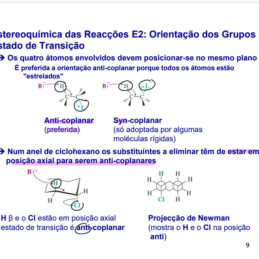 <p>A preferida é a orientação anti-coplanar, porque todos os substituintes estão estrelados. A syn coplanar só é optadas por moléculas rigidas.</p><p>Num anel ciclohexano os substituintes a eliminar têm de estar em posição axial para serem anti coplanar</p>