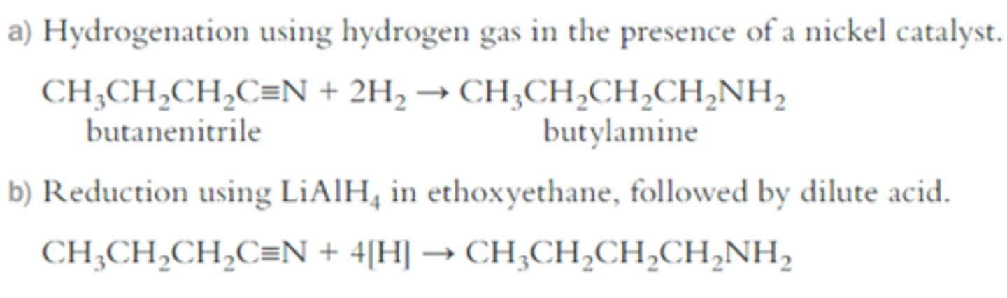 <p>1. From a haloalkane</p><p>2. By reducing nitriles (using LiAlH4 in dry ether followed by dilute acid</p><p>nitriles reduced using hydrogen gas with metal calayts like Pt or nickel are high pres and tem called catalytic hydrogenation</p>