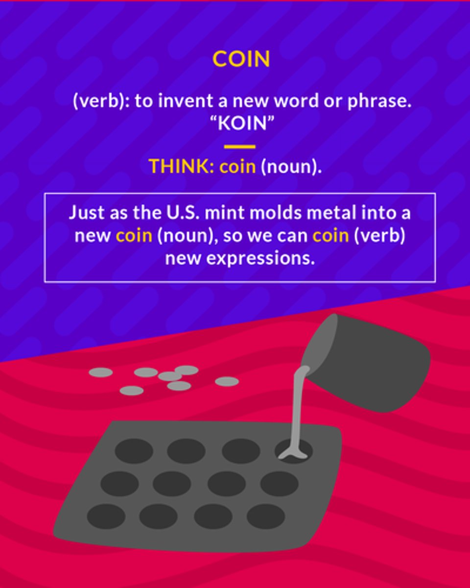 <p>(verb) to devise a new word or phrase</p><p>(verb) to invent a new word or phrase</p>