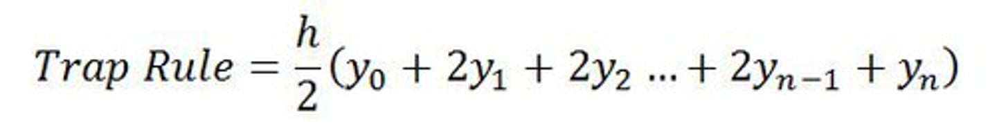 <p>use trapezoids to evaluate integrals (estimate area).</p><p>average of LRAM and RRAM.</p><p>(interval/2) * (y0 +2y1 + 2y2 + 2y3 ... + yn)</p><p>overestimates the integral where the graph is concave up, and underestimates the integral where the graph is concave down.</p>