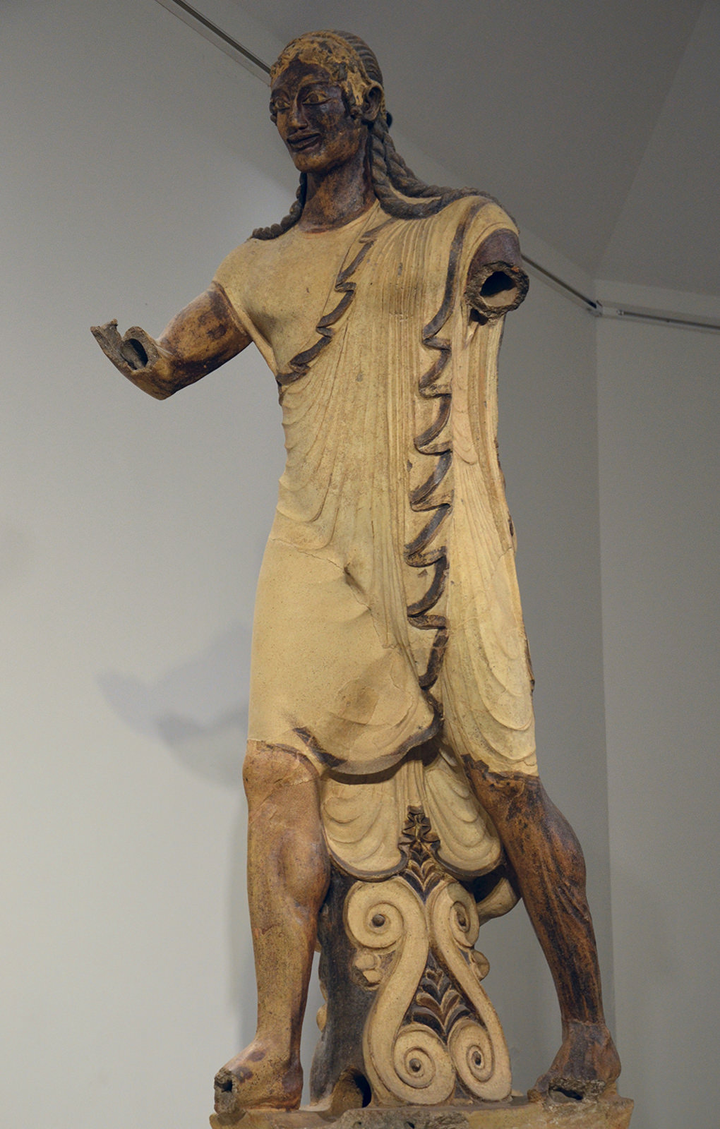 <p>Apollo 510-500 BCE, from temple of Minerva Near Rome, Italy. Ethruscan.This is made of Terracotta and Ethruscans had always used Terracotta. Greek wore marble.</p>