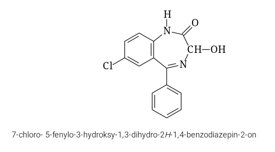 <p>3-hydroksybenzodiazepina, nasenny, średnio długo działający</p><p class="has-focus">wiąże się z receptorem benzodiazepinowym będącym częścią receptora GABA-A, nasila działanie GABA (głównego neuroprzekaźnika hamującego w OUN) zwiększenie częstości otwierania kanałów chlorkowych (Cl⁻)</p><p class="has-focus is-empty">hiperpolaryzacja neuronu</p><p class="has-focus is-empty">zmniejszenie pobudliwości neuronów</p><p class="has-focus is-empty">przeciwlękowe, uspokajające, nasenne (słabe)</p>