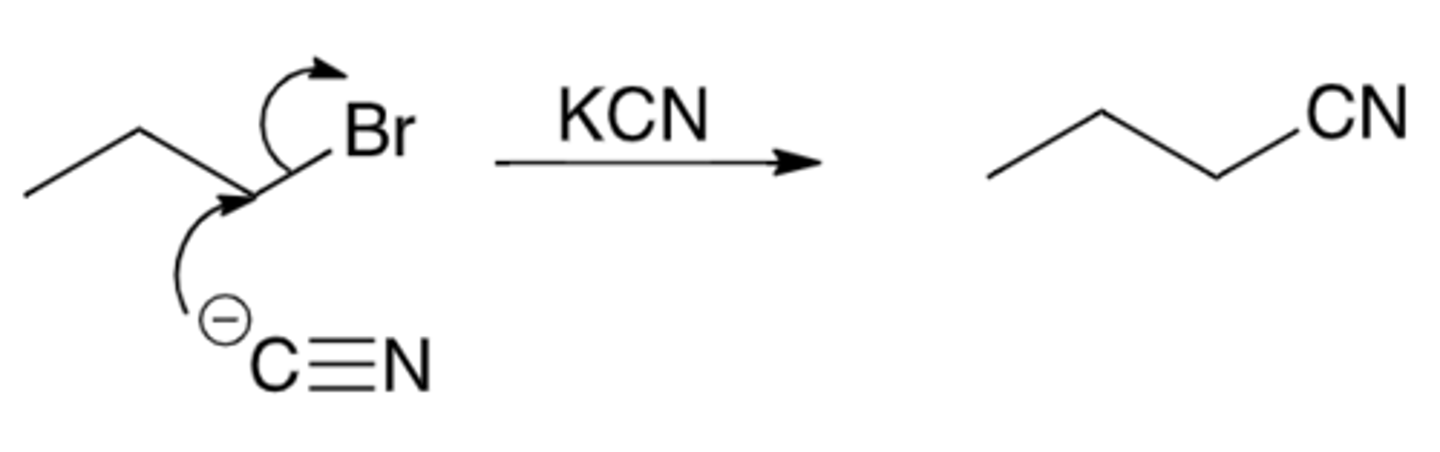 <p>Nucleophile replaces leaving group</p><p>Regiochemistry: anti with tertiary CC+</p><p>- Rate = k[substrate][nucleophile]</p><p>KNOW MECHANISM</p>