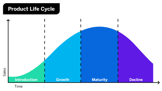 <p>The life cycle of a product, usually shown as a graph divided into four stages: introduction, growth, maturity, decline</p>