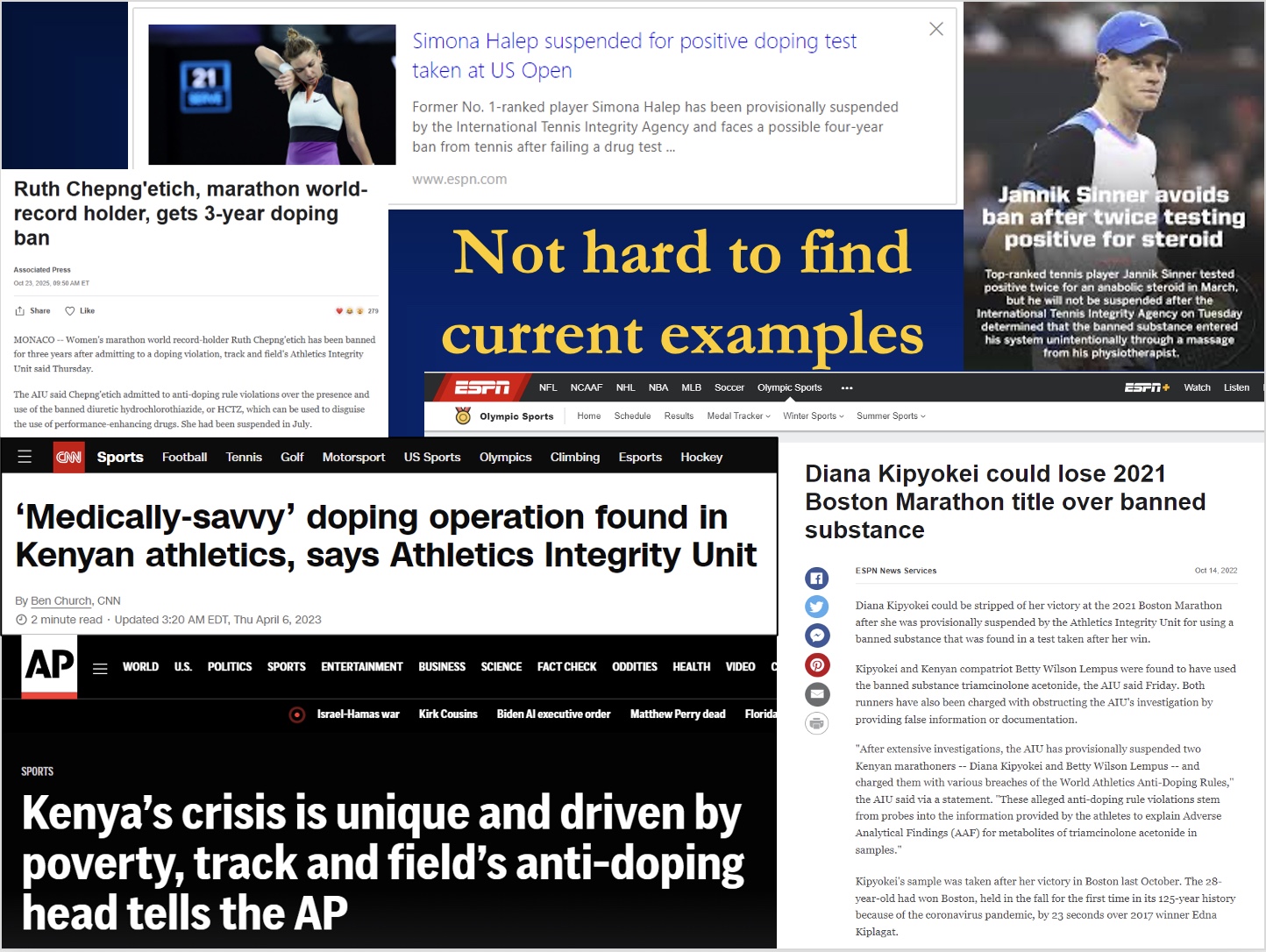 <p>-Tennis : Jannik Sinner (dermatological steroid from message therapist, went in transderemely) and Simona Halep</p><p>-Chicago marathoner; Boston Marathon</p><p>-Kenyan athletes: driven more if from resource scare envionrments?</p><p>-Allie Ostrander: 4month ban bc of acne medicine that could mask drugs by diluting urine/diuretic (more used for heart&nbsp;failure med and modulating hormones; off the label Rx)</p>