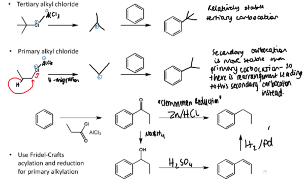 <p>the primary alkylation is not friedel-crafts alkylation but is used as a workaround because primary alkyl chlorides result in rearrangement to secondary carbocations and hence secondary alkylation</p>
