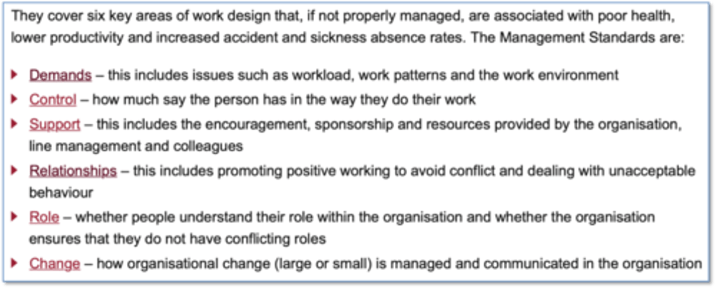 <p>Not too high demands (workload and environment), have good control and support, good relationships, understanding of own role and good organisation of change.</p>