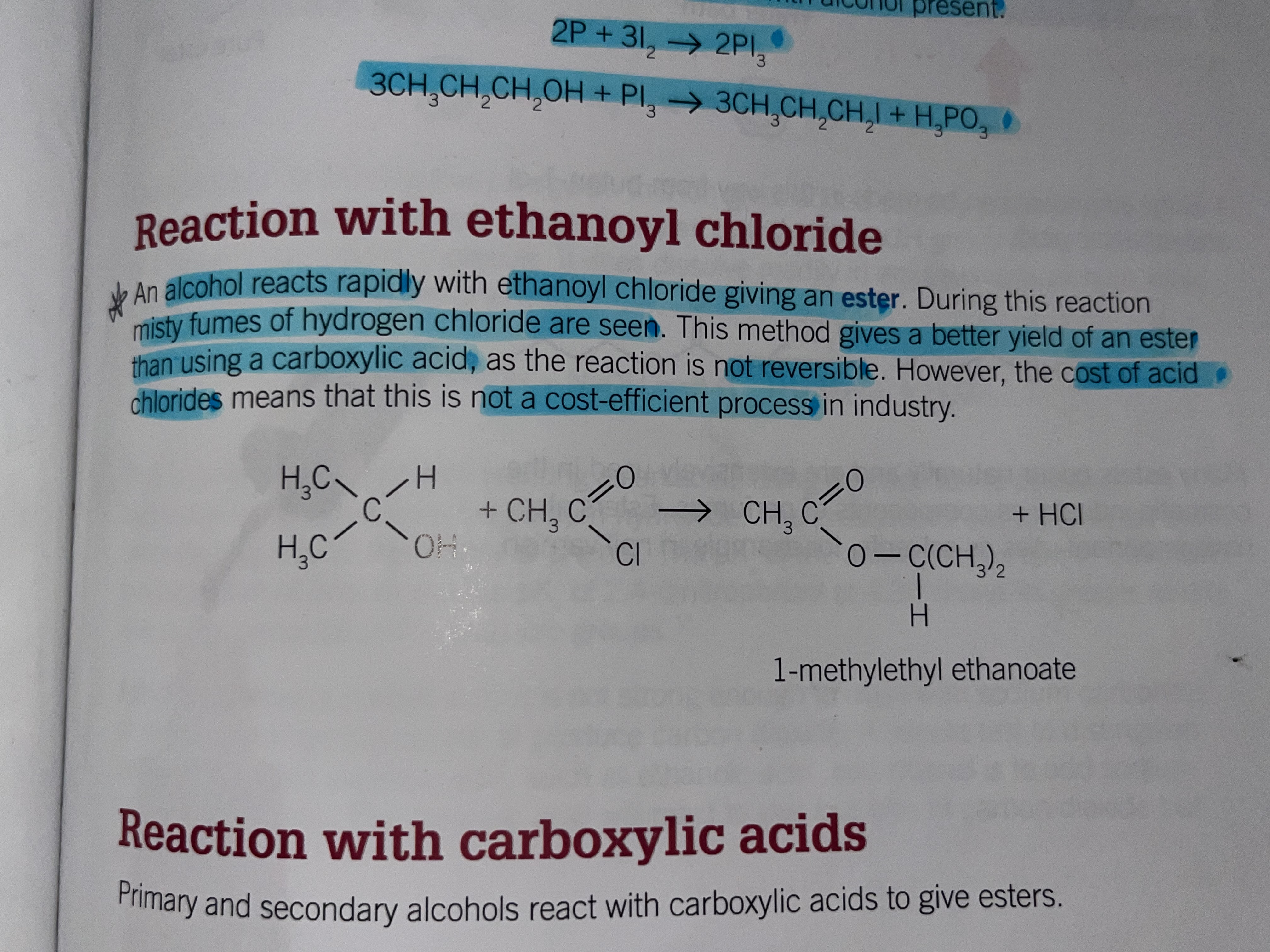 <p>Alcohol reacts rapidly with ethanyol chloride giving an ester. During this reaction misty fumes of hydrogen chloride are seen.</p><p>Gives a better yield of an Ester than using a carboxylic acid as the reaction is not reversible</p><p>however the cost of acid chloride means this is not a cost efficient process in industry</p>