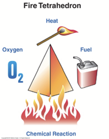 <p>4 things are needed for fire to occur</p><ul><li><p><strong>Fuel</strong><br><em>(Combustible material — something that can burn.)</em></p></li><li><p><strong>Heat</strong><br><em>(Raises the temperature of the material until </em><strong><em>ignition</em></strong><em> (the moment it catches fire).)</em></p></li><li><p><strong>Oxygen</strong><br><em>(Keeps </em><strong><em>combustion</em></strong><em> (burning) going.)</em></p></li><li><p><strong>Chemical reaction is everything above combined</strong><br><em>(The process that actually </em><strong><em>produces fire</em></strong><em> — also called the “fire triangle” or “fire tetrahedron” when the reaction is included.)</em></p></li></ul><p></p>