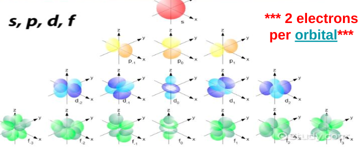 <ul><li><p>Max 6 electrons</p></li><li><p>3 3D orientations</p></li><li><p>Dumbbells</p></li><li><p>6 electrons because there are 2 electrons in each configuration (2 in the first way you can place a dumbbell, 2 in the second unique way you can place a dumbbell, and 2 in the third unique way you can place a dumbbell)</p></li></ul>