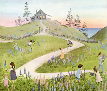 <p>Detailed illustrations often set in Maine, featuring bluebells</p>