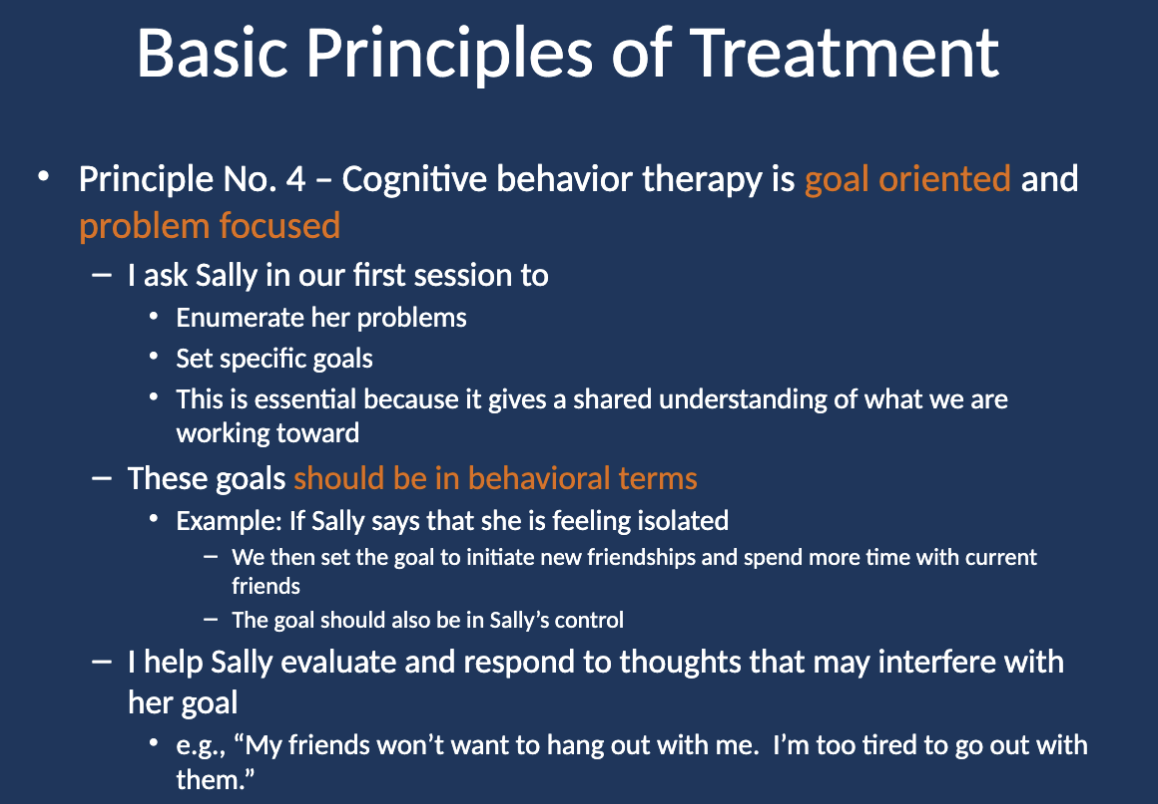 <p>CBT is <strong>goal oriented</strong> and <strong>problem focused.</strong></p>