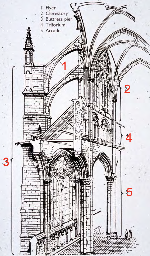 <p>1. Flying buttress</p><p class="p1">2. Clerestory</p><p class="p1">3. Buttress pier</p><p class="p1">4. Triforium</p><p class="p1">5. Ground arcade</p>