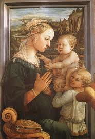 <p>-Fra Filippo Lippi -c. 1465 -Tempera on wood -madonna refers to virgin mary -baby is jesus -fra was a monk(friar) but he was bad -painted frame</p>
