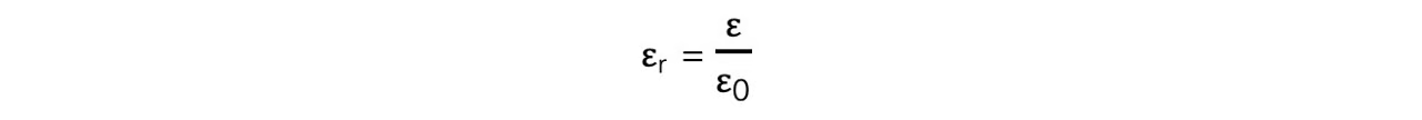 <ul><li><p>Where:</p><ul><li><p><em>ε<sub>r</sub></em> = relative permittivity</p></li><li><p><em>ε</em> = permittivity of a material (F m<sup>−1</sup>)</p></li><li><p><em>ε<sub>0 </sub></em>= permittivity of free space (F m<sup>−1</sup>)</p></li></ul></li></ul><p></p>