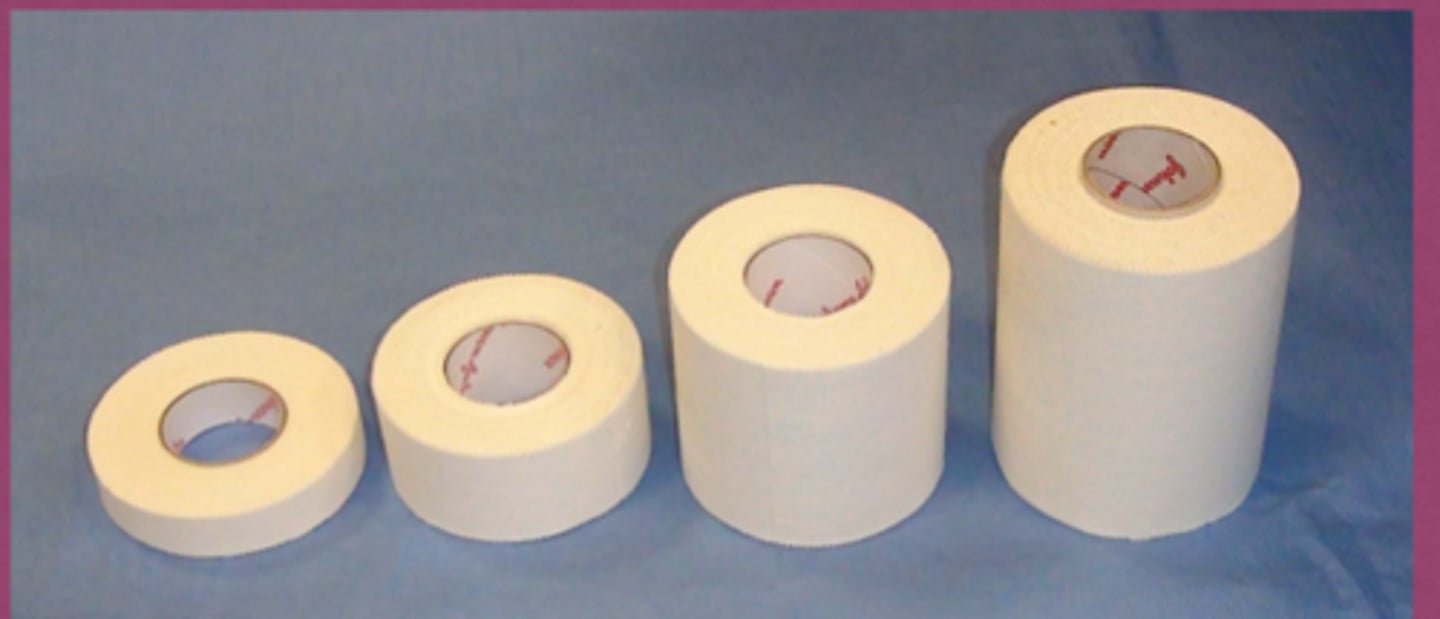 <p>White tape has a cotton cloth backing and rubber based adhesive. It is also known as athletic tape and is used for almost anything in vet med. In humans it is used where rigid taping is required.</p><p>Tertiary bandage.</p>