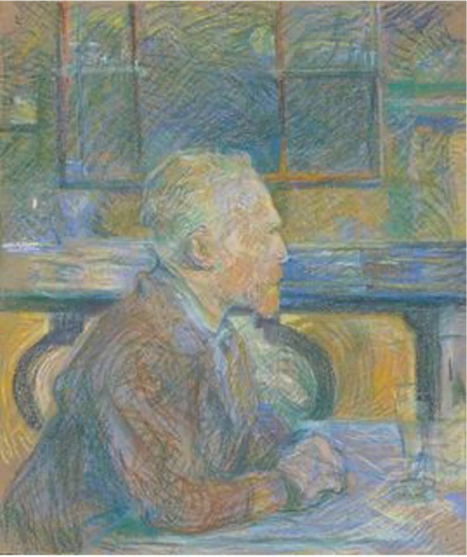 <ul><li><p>celebrated urban night life with posters</p></li><li><p>painted portrait of Vincent Van Gogh</p></li></ul>