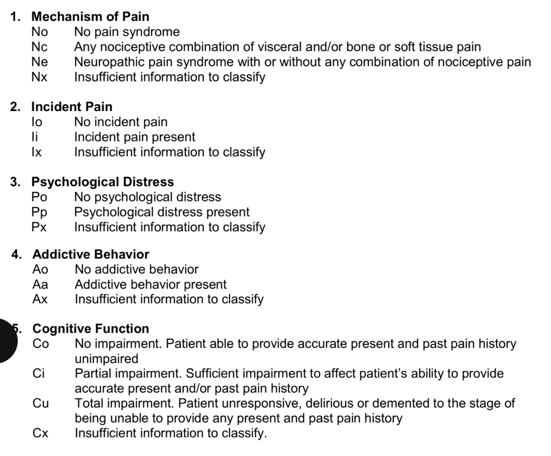 <p>NIPAC stands for <strong>Neuropathic/Nociceptive, Incident, Psychological , Addictive , and Cognitve Function</strong>. It helps healthcare providers categorize pain based on these characteristics to guide appropriate treatment strategies.</p>
