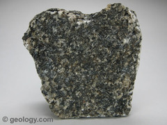 Origin: Instrusive, slow cooling
Texture: Phaneritic 
Composition: Mafic