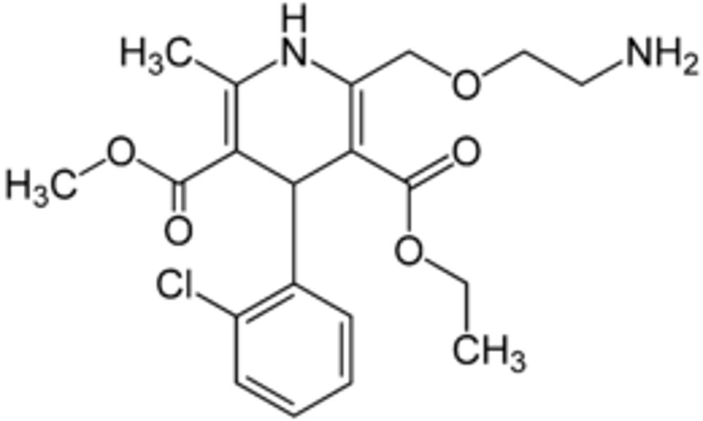 <p><strong>Brand: </strong>Norvasc</p><p><strong>Class: </strong>DHP-CCB</p><p><strong>MOA:</strong> Blocks calcium channels which relaxes vascular smooth muscle and dilates arteries. Inhibits calcium ion from entering the “slow channels” or select voltage-sensitive areas of vascular smooth muscle and myocardium during depolarization.</p>