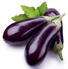 deep, royal purple in color of the exterior. It has a white interior and a green stem that has small leaves that cover the top of the eggplant. Eggplants are thicker by the bottom of the fruit, but thinner by the top.