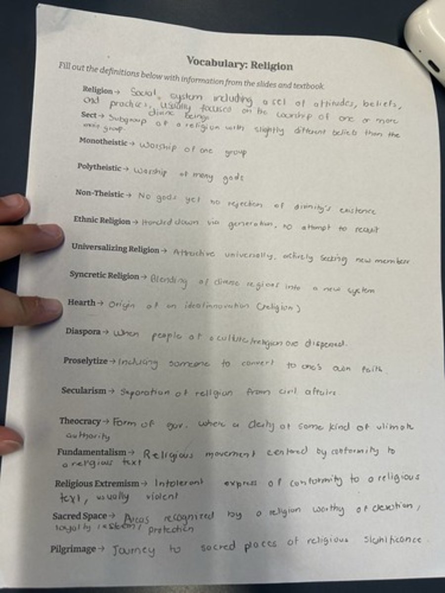 <p>A set of attitudes, beliefs, and practices usually focused on the worship of one or more divine beings.</p>