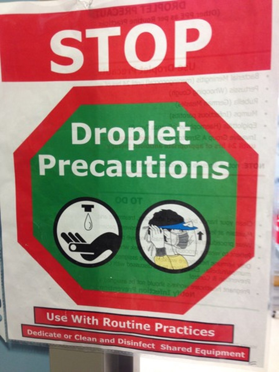 <p>droplet precautions</p>