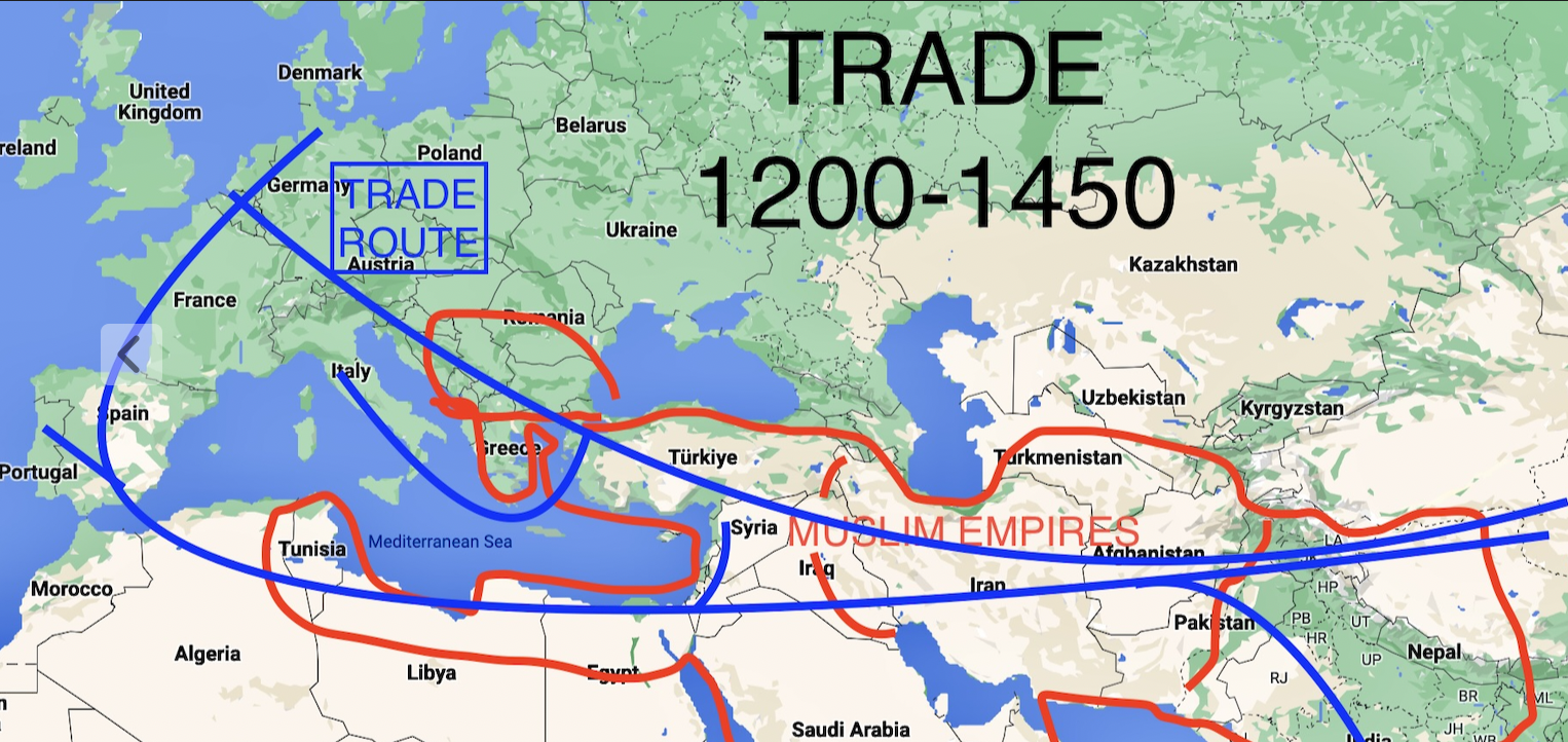 The Islamic Gunpowder Empires, comprising the Ottoman, Safavid, and Mughal empires. These empires experienced a period of prosperity, but eventually faced internal conflicts, external pressures, and socioeconomic challenges that led to their decline by the 18th century, resulting in the  collapse of their once-powerful empires.

\
one reason was decreased money from trade. Before the age of exploration, Islamic Empires were able to get tariffs from Europeans trying to get to Asia. After Age of Exploration, Europeans went around the Islamic Empires, so they lost out on vital money from tariffs.