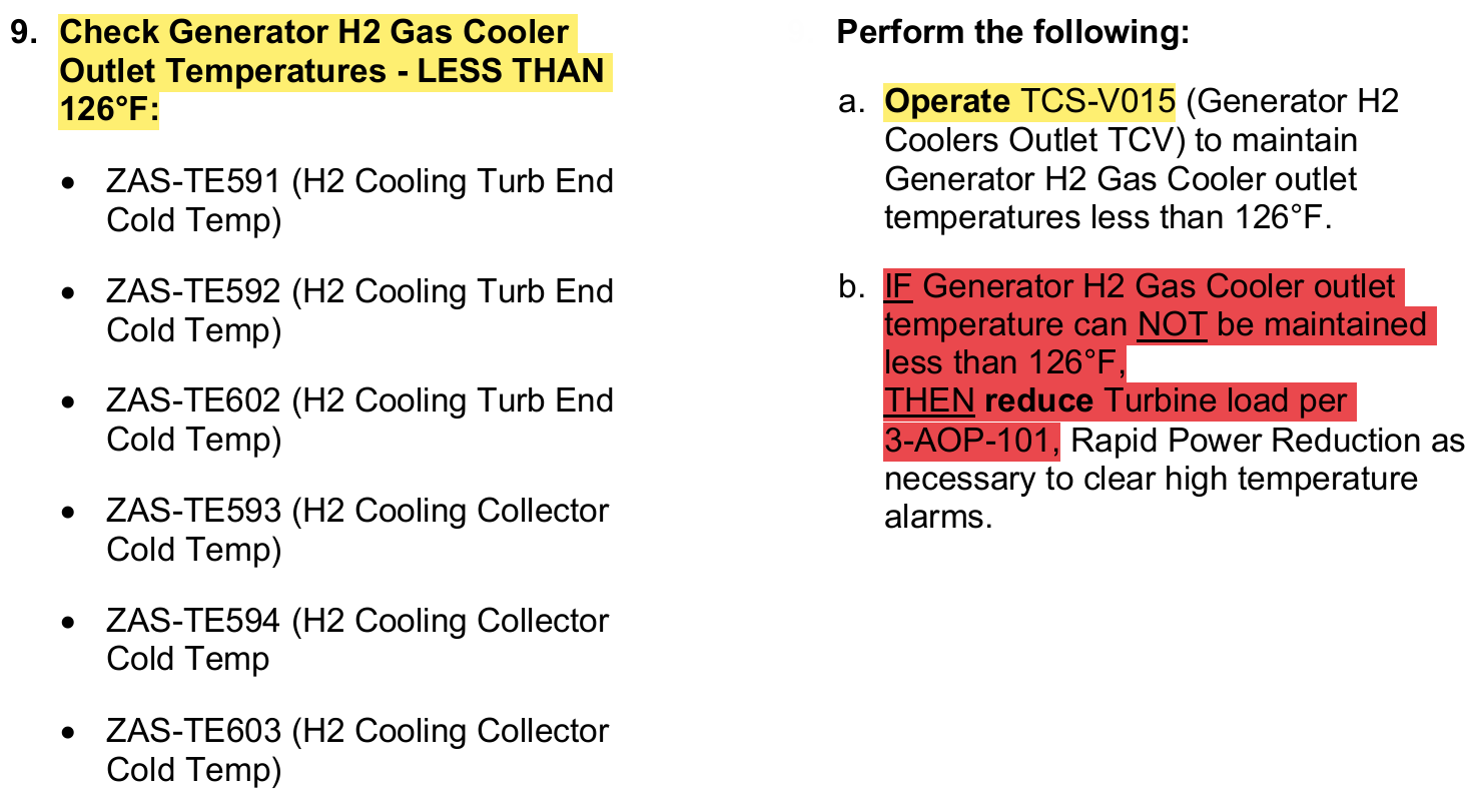 <p>Check &lt;126°F</p><p>Operate TCS -V015 Gen. H2 Coolers Outlet TCV to maintain &lt;126°F</p><p>No Trip, Reduce Load per A-101</p>