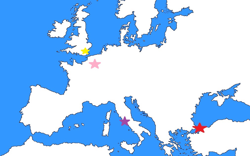<p><span>For the map above be able to recognize where Constantinople (red), Rome (purple), Paris (pink), and London (yellow) are.&nbsp;&nbsp;</span></p>
